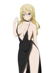  1girl bangs bare_shoulders blonde_hair blue_eyes blush breasts collarbone coro_fae dress hair_between_eyes hayasaka_ai highres kaguya-sama_wa_kokurasetai_~tensai-tachi_no_renai_zunousen~ long_hair looking_at_viewer medium_breasts side_slit solo thighs 