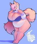  absurd_res alwaysfaceleft anthro barefoot big_breasts blue_eyes bottomless bra breasts brown_body brown_fur chest_tuft claws clothed clothing feet female fur hair hi_res looking_at_viewer mammal navel open_mouth overweight paws pink_hair raised_clothing raised_topwear simple_background smile solo standing sweater tan_body tan_fur teeth thick_thighs topwear tuft underwear wide_hips 