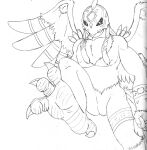  2017 anthro armor avian bandai_namco claws digimon digimon_(species) feathered_wings feathers feet female garudamon headgear helmet hi_res jimfoxx looking_at_viewer looking_down looking_down_at_viewer low-angle_view monochrome nude solo toe_claws wide_eyed wings 