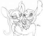  2017 alien angel_(lilo_and_stitch) antennae_(anatomy) anthro bodily_fluids claws disney dripping drooling duo ears_up embrace eye_contact fangs female fur half-closed_eyes hug jimfoxx kissing lilo_and_stitch looking_at_another male messy_kiss monochrome narrowed_eyes notched_ear nude open_mouth saliva saliva_drip saliva_on_tongue saliva_string stitch_(lilo_and_stitch) teeth wide_eyed 