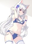  1girl :o animal_ear_fluff animal_ears ass_visible_through_thighs bangs bare_arms bare_shoulders blue_bra blue_flower blue_panties blue_rose blush bow bow_bra bow_panties bra breasts cat_ears cat_girl cat_tail cleavage collarbone commentary_request flower hair_between_eyes hair_flower hair_ornament hairclip hands_up highres looking_at_viewer medium_breasts navel original panties parted_lips purple_flower purple_rose red_eyes rose sakuraba_hikaru_(loveindog) single_wrist_cuff solo tail thighhighs underwear underwear_only white_hair white_thighhighs wrist_cuffs x_hair_ornament 