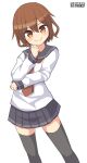  black_thighhighs brown_eyes brown_hair fang hair_ornament hairclip hand_on_own_chin highres ikazuchi_(kancolle) kantai_collection long_sleeves messy_hair miniskirt neckerchief one-hour_drawing_challenge pepatiku red_neckerchief school_uniform serafuku shirt short_hair skirt thighhighs white_shirt 