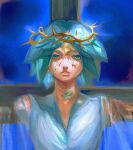 1other androgynous aqua_eyes aqua_hair blue_background cracked_skin cross crown_of_thorns crucifixion crystal_hair danxuanlaoxianyu dirty dirty_face expressionless highres houseki_no_kuni jesus lips molten_metal other_focus outstretched_arms parted_lips phosphophyllite phosphophyllite_(gemstone) portrait see-through see-through_sleeves solo sparkle spread_arms 