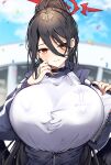  1girl absurdres black_hair blue_archive blurry blurry_background blush breasts choker confetti hair_between_eyes halo hasumi_(blue_archive) hasumi_(gym_uniform)_(blue_archive) highres holding huge_breasts jacket long_hair long_sleeves looking_at_viewer mole mole_under_eye norisukexxy open_clothes open_jacket outdoors ponytail red_eyes red_nails shirt solo track_jacket very_long_hair 