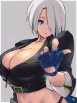  1girl angel_(kof) bangs bra breasts cleavage cropped_jacket fingerless_gloves gloves hair_over_one_eye highres jacket large_breasts leather leather_jacket looking_at_viewer makokujira snk strapless strapless_bra the_king_of_fighters the_king_of_fighters_xiv underwear 