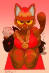  animal_crossing anthro big_breasts blonde_hair blush bottomless breasts brown_body brown_fur cleavage clothed clothing digital_media_(artwork) domestic_cat fangs felid feline felis female fur gold_(metal) gold_jewelry hair jewelry katt_(animal_crossing) looking_at_viewer mammal necklace nintendo red_floor rolfdraw simple_background smile solo thick_thighs topwear undressing video_games wide_hips 