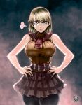  1girl argyle artist_name ashley_graham belt blonde_hair breasts hands_on_hips highres large_breasts pantyhose resident_evil resident_evil_4 resident_evil_4_(remake) short_hair skirt sleeveless sleeveless_sweater sweater the_golden_smurf thick_thighs thighs tied_sweater yellow_eyes 