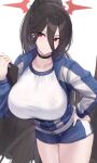  1girl absurdres black_choker black_hair blue_archive blue_jacket breasts choker clipboard cowboy_shot hair_between_eyes hasumi_(blue_archive) hasumi_(gym_uniform)_(blue_archive) high_ponytail highres holding holding_clipboard jacket kanta_(kanta_077) large_breasts long_hair mechanical_halo mole mole_under_eye red_eyes shorts simple_background solo thighs very_long_hair white_background wings zipper_pull_tab 