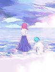  2others absurdres androgynous aqua_hair arm_at_side beach black_skirt cinnabar_(houseki_no_kuni) cizihoudanshao clenched_hand cloud cloudy_sky collared_shirt contemporary day facing_away floating_hair from_behind hand_on_own_head highres horizon houseki_no_kuni long_hair long_sleeves miniskirt multiple_others nature ocean other_focus outdoors phosphophyllite red_hair shirt shirt_tucked_in short_hair short_sleeves skirt sky standing untucked_shirt wading water white_shirt wind 