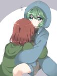  1girl 1other androgynous between_breasts black_shirt breasts coat genderswap genderswap_(otf) green_eyes green_hair green_hoodie head_between_breasts highres hood hood_up hooded_coat hoodie incest len&#039;en long_sleeves medium_hair open_clothes open_coat ougi_hina red_hair shirt shitodo_aoji shitodo_hooaka short_hair shorts siblings simple_background sleeves_past_fingers sleeves_past_wrists trembling 