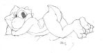  2017 anthro ass_up barefoot big_nose claws feet jimfoxx looking_at_viewer male mario_bros monochrome nintendo nude pillow pillow_hug raised_tail shell solo toe_claws video_games wide_eyed yoshi 