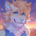  1:1 absurd_res ambiguous_gender anthro beach blue_clothing blue_eyes blue_topwear bust_portrait clothed clothing corzh77 eyelashes fangs felid front_view fur glistening glistening_eyes hair hi_res inner_ear_fluff looking_at_viewer mammal multicolored_body multicolored_fur orange_body orange_fur orange_hair outside portrait seaside solo topwear tuft unsigned water white_body white_fur white_inner_ear_fluff yellow_body yellow_fur 