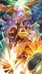  1girl 3boys bike_shorts black_hair black_jacket cropped_jacket cue_stick entei ethan_(pokemon) feraligatr grin hand_up highres ho-oh jacket kicking kris_(pokemon) lugia masked_man_(pokemon_adventures) meganium multiple_boys okon_neru one_eye_closed open_mouth poke_ball pokegear pokemon pokemon_(creature) pokemon_adventures raikou red_hair red_shirt shiny shirt signature silver_(pokemon) smile sparks suicune teeth typhlosion white_jacket yellow_headwear 