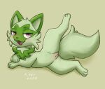  blush female feral generation_9_pokemon genitals green_body hi_res looking_at_viewer mr.albafox nintendo one_leg_up open_mouth pokemon pokemon_(species) purple_eyes pussy raised_leg simple_background solo sprigatito video_games yellow_background 