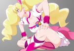  1girl blonde_hair breasts choker cleavage closed_mouth cure_peach earrings fresh_precure! fuchi_(nightmare) grey_background hair_ornament heart heart_earrings heart_hair_ornament indian_style jewelry large_breasts long_hair magical_girl momozono_love pink_choker pink_eyes precure puffy_short_sleeves puffy_sleeves short_sleeves sitting solo wrist_cuffs 