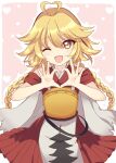  1other androgynous armor blonde_hair braid breastplate commentary_request heart heart_hands highres japanese_clothes kimono len&#039;en long_hair one_eye_closed ooama_no_ake_no_mitori open_mouth ougi_hina red_kimono simple_background smile solo twin_braids yellow_eyes 