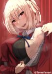  1girl absurdres armpit_crease armpit_focus armpits arms_up bangs blonde_hair bob_cut breasts dress hair_ribbon highres lycoris_recoil lycoris_uniform nishikigi_chisato presenting_armpit red_dress red_eyes red_ribbon ribbon short_hair sweat tomodachi_(tomofanart) two-tone_dress uniform white_hair 