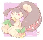  2016 berry_(pokemon) dated eating extra_mouth fang heart holding katiko leppa_berry lowres mawile motion_lines no_humans pink_eyes pokemon pokemon_(creature) sharp_teeth solo speech_bubble spoken_heart teeth twitter_username 