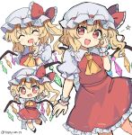  1girl ascot blonde_hair bow chibi closed_mouth flandre_scarlet frilled_bow frills hand_up happy hat hat_bow highres mob_cap multiple_views open_mouth puffy_short_sleeves puffy_sleeves ramudia_(lamyun) red_bow red_eyes red_skirt red_vest shirt short_sleeves side_ponytail simple_background skirt smile touhou vest white_background white_headwear white_shirt wings yellow_ascot 