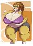  4_fingers accessory anthro belly big_belly big_breasts bodily_fluids breasts cleavage clothed clothing crouching exercise female fingers fully_clothed generation_1_pokemon gin-blade headband hi_res huge_breasts narrowed_eyes nintendo overweight overweight_female pokemon pokemon_(species) sandpancake sandslash solo squats sweat thick_thighs video_games 