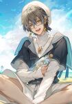  1boy 2022 akizero1510 bangs bird blue_sky brown_hair cloud cloudy_sky conch cork corked_bottle earrings glass_bottle glasses green_eyes hair_between_eyes highres ike_eveland jewelry light_blush long_sleeves looking_at_viewer message_in_a_bottle necklace nijisanji nijisanji_en open_mouth shorts sitting sky sleeves_past_wrists smile solo 