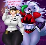  absurd_res animatronic anthro big_breasts blonde_hair breasts camel_toe canid canine canis dialogue duo english_text female female/female five_nights_at_freddy&#039;s five_nights_at_freddy&#039;s:_security_breach flashlight green_eyes hair hand_on_hip hi_res human kreativekailyn machine mammal robot roxanne_wolf_(fnaf) scottgames security_guard security_uniform text thick_thighs under_boob vanessa_(fnaf) video_games wolf 