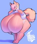 absurd_res alwaysfaceleft anthro barefoot big_breasts blue_eyes bottomless breasts brown_body brown_fur chest_tuft claws clothed clothing feet female fur hair hi_res huge_breasts hyper hyper_breasts looking_at_viewer mammal navel open_mouth overweight paws pink_hair raised_clothing raised_topwear simple_background smile solo standing sweater tan_body tan_fur teeth thick_thighs topwear tuft underwear wide_hips 