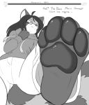  4_toes ailurid anthro barefoot clothed clothing digital_media_(artwork) english_text eyewear feet foot_fetish foot_focus gameplay_mechanics glasses greyscale gui hair health_bar hi_res hoodie male mammal monochrome oblivious paigescribe pawpads paws red_panda shingo_(threes_axelred) simple_background soles solo text toes topwear video_game_boss 