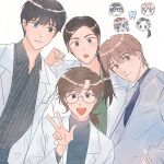  2boys 2girls bangs black_hair black_shirt blue_eyes brown_eyes brown_hair character_request closed_mouth collared_shirt eoduun_badaui_deungbul-i_doeeo glasses hair_between_eyes hand_in_pocket heterochromia highres jacket labcoat long_hair long_sleeves looking_at_viewer multiple_boys multiple_girls ooosikooo open_mouth ponytail shirt short_hair short_ponytail simple_background smile striped striped_shirt tooth v vertical-striped_shirt vertical_stripes white_background 