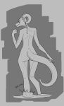  anthro argonian bethesda_softworks breasts butt female full-length_portrait genitals hi_res horn horn_jewelry horn_ring madmanransom monochrome nude onomatopoeia portrait pussy ralanee_(madmanransom) rear_view ring_(jewelry) scalie side_boob slim small_waist solo sound_effects text the_elder_scrolls video_games water wide_hips 