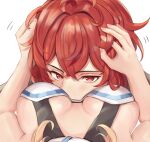  1boy 1girl between_breasts blonde_hair breasts diluc_(genshin_impact) dress face_between_breasts genshin_impact hair_between_eyes head_between_breasts hetero large_breasts lumine_(genshin_impact) mirin_pengin red_eyes red_hair smelling white_dress 