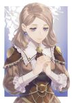  1girl ascot bodice border breasts brown_ascot brown_dress center_frills closed_mouth commentary_request dress earrings fire_emblem fire_emblem:_three_houses fire_emblem_warriors:_three_hopes frilled_dress frills isa_(peien516) jewelry light_brown_hair lips long_hair long_sleeves medium_breasts mercedes_von_martritz official_alternate_costume official_alternate_hairstyle outside_border own_hands_together purple_eyes smile solo white_border 