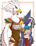  anthro armor avian beak blue_body blue_feathers braided_hair braided_ponytail breath_of_the_wild duo feathers green_eyes hair kusachi looking_at_viewer looking_back male nintendo revali rito size_difference teba_(tloz) the_legend_of_zelda video_games white_body white_feathers yellow_beak 