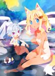  2girls animal_ear_fluff animal_ears ao_(disgaea) bangs barefoot blonde_hair blue_eyes breasts bright_pupils chestnut_mouth day disgaea dog_ears dog_girl dog_tail fang flat_chest food hair_ornament hairclip harada_takehito high_ponytail holding holding_food long_hair looking_at_viewer makai_senki_disgaea_7 multiple_girls naked_towel non-web_source official_art onsen open_mouth outdoors partially_submerged photoshop_(medium) pink_hair piririka_(disgaea) pointy_ears pom_pom_(clothes) pom_pom_hair_ornament popsicle prinny sitting skin_fang small_breasts tail thick_eyebrows towel water white_hair 