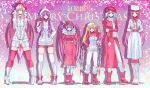  6+girls alternate_costume blonde_hair blue_hair buttons cellphone coat double-breasted embodiment_of_scarlet_devil english_text flandre_scarlet hand_in_pocket hands_on_hips highres holding holding_phone hong_meiling hood hoodie izayoi_sakuya koakuma lineup long_hair merry_christmas multiple_girls netgamesennyou7 pants patchouli_knowledge phone pink_hair purple_hair red_coat red_footwear red_headwear red_pants remilia_scarlet scarf short_hair smartphone smile touhou v white_coat white_footwear white_headwear white_hoodie white_pants white_scarf wings winter_clothes winter_coat 