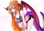  1girl absurdres ahoge bangs blonde_hair bow breasts cleavage dragon_girl dragon_horns dragon_tail dragon_wings headband highres hololive horn_bow horn_ornament horns kiryu_coco long_hair multicolored_hair orange_hair pointy_ears ponytail red_eyes ryoshi sportswear streaked_hair sweat tail virtual_youtuber wings 