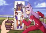  1girl 1other ^^^ animal_ears cake cake_slice carrot_on_stick english_commentary food highres hishi_amazon_(umamusume) horse_ears horse_girl horse_tail jacket jacy long_hair long_sleeves mejiro_mcqueen_(umamusume) motion_blur open_mouth outdoors pants pov pov_hands purple_eyes purple_hair red_jacket red_pants running stopwatch sweat tail track_jacket umamusume v-shaped_eyebrows 