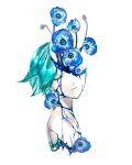  1other androgynous aqua_hair bare_shoulders blue_flower blue_gemstone closed_mouth cracked_skin eyeball flower gem highres hole_in_head houseki_no_kuni injury lapis_lazuli_(gemstone) liquid looking_at_viewer looking_to_the_side one_eye_closed other_focus overgrown pale_skin phosphophyllite phosphophyllite_(gemstone) portrait severed_torso simple_background solo white_background ztjasper 