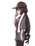  1girl alternate_costume arm_at_side bangs baseball_cap black_hair black_headwear black_pants black_shirt breasts clenched_hand closed_mouth cowboy_shot english_commentary from_side frown green_eyes hand_up hat jacy karyl_(princess_connect!) long_hair looking_afar low_twintails pants princess_connect! shirt short_sleeves sideways_mouth small_breasts solo sweat towel towel_around_neck twintails wiping_sweat 