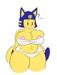  2019 aliasing animal_crossing ankha_(animal_crossing) anthro areola areola_slip bangs belly belly_overhang big_breasts black_eyes black_nose blue_hair blunt_bangs blush breasts chest_wraps cleavage clothed clothing curvy_figure digital_media_(artwork) domestic_cat egyptian felid feline felis female front_view hair kingretrokirby mammal midriff navel nintendo nipple_outline nipples question_mark simple_background slightly_chubby solo standing thick_thighs uraeus video_games voluptuous white_background wide_hips wraps yellow_body yellow_inner_ear 