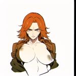  1girl ai-generated breasts dark jacket looking_at_viewer nipples nude original solo suteullia1 upper_body white_background 