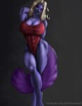  2022 absurd_res anthro artist_name athletic athletic_anthro athletic_female big_breasts black_nose blonde_hair blue_body blue_fur breasts canid canine canis cleavage clothed clothing cocktail_dress crossed_legs erect_nipples eyebrows eyelashes female fur hair hand_behind_head hi_res legs_together long_hair looking_at_viewer mammal nipple_outline nipples red_eyes smile solo standing sunstripe text url wolf 