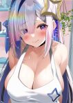  1girl @_@ alternate_breast_size amane_kanata ayukawa_ii bare_shoulders blue_hair blush breasts cleavage collarbone grey_hair hair_between_eyes hair_ornament hairclip highres hololive large_breasts long_hair purple_eyes solo sweat tank_top upper_body virtual_youtuber 