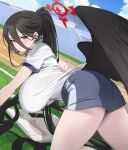  1girl black_hair black_wings blue_archive blue_shorts blush breasts gym_shirt gym_shorts gym_uniform hair_between_eyes halo hasumi_(blue_archive) hasumi_(gym_uniform)_(blue_archive) highres large_breasts long_hair looking_at_viewer low_wings mole mole_under_eye ponytail red_eyes seicoh shirt shorts solo weighing_scale white_shirt wings 