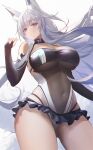  1girl absurdres animal_ear_fluff animal_ears azur_lane bangs bare_shoulders black_choker black_gloves black_leotard black_panties blue_eyes breasts bridal_gauntlets choker cleavage contrapposto covered_navel cowboy_shot dido_(magicc) elbow_gloves floating_hair fox_ears fox_girl fox_tail gloves hand_up highleg highleg_leotard highres large_breasts leotard long_hair looking_at_viewer microskirt multiple_tails official_alternate_costume panties panty_straps parted_lips race_queen shinano_(azur_lane) shinano_(moonlit_chrome)_(azur_lane) sidelocks simple_background skindentation skirt solo string_panties tail thick_thighs thighs underwear white_background white_hair white_tail 