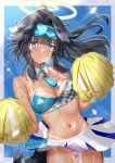  1girl absurdres animal_ears ass_visible_through_thighs bangs bare_shoulders black_hair blue_archive blue_eyes blush breasts cheerleader cleavage clothes_writing collarbone cowboy_shot dog_ears dog_girl dog_tail goggles goggles_on_head halo hibiki_(blue_archive) hibiki_(cheerleader)_(blue_archive) highres holding holding_pom_poms long_hair looking_at_viewer midriff miniskirt navel official_alternate_costume panties pink_panties pleated_skirt pom_pom_(cheerleading) ponytail skirt solo sticker_on_arm sticker_on_face stomach sweat tail tan tanlines thighs underwear user_sfwz5234 white_skirt yellow_halo 
