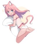  1girl :d animal_ear_fluff animal_ears babydoll bangs bare_arms bare_legs bare_shoulders blue_eyes cat_ears cat_girl cat_tail choker dimples_of_venus fang feet full_body highres long_hair looking_at_viewer object_hug open_mouth original panties pillow pillow_hug pink_choker pink_hair saiste see-through simple_background smile soles solo strap_slip tail toes underwear white_background white_panties 