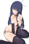  1girl absurdres bangs bare_shoulders bikini black_bikini black_gloves black_hair black_thighhighs blue_archive blue_eyes blush breasts choker cleavage collarbone elbow_gloves gloves halo highres large_breasts long_hair looking_at_viewer micro_bikini saori_(blue_archive) seihekiog sitting solo swimsuit thighhighs thighs wariza white_background 