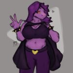  andr0ch breasts cape clothed clothing clothing_lift deltarune eyebrows gesture hair hi_res looking_at_viewer peace_symbol presenting presenting_breasts purple_body purple_clothing purple_hair purple_skin raised_eyebrow shaded simple_background simple_shading susie_(deltarune) undertale_(series) v_sign video_games yellow_eyes 
