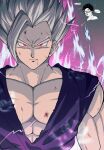  1boy abs aura battle_damage closed_mouth dragon_ball dragon_ball_super dragon_ball_super_super_hero electricity glasses gohan_beast grey_hair highres looking_at_viewer male_focus multiple_views muscular muscular_male naraku_(zg8w5) red_eyes solo son_gohan spiked_hair upper_body 